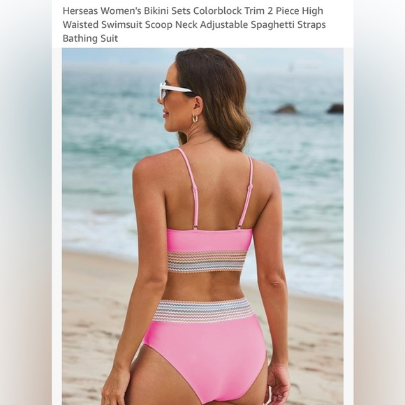 New-Colorblock Trim High Waisted Scoop Neck Adjustable Spaghetti Straps Bikini - Picture 5 of 8